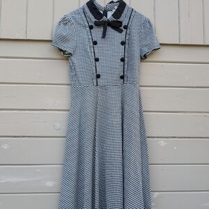 Black and White Gingham Dress with Bow And Buttons